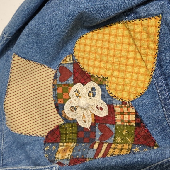 🟢 Upper West Side sz large Vintage denim long sleeve shirt w/ applique InvW028 - Picture 3 of 7